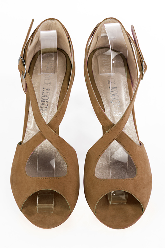 Caramel brown women's closed back sandals, with crossed straps. Round toe. High kitten heels. Top view - Florence KOOIJMAN